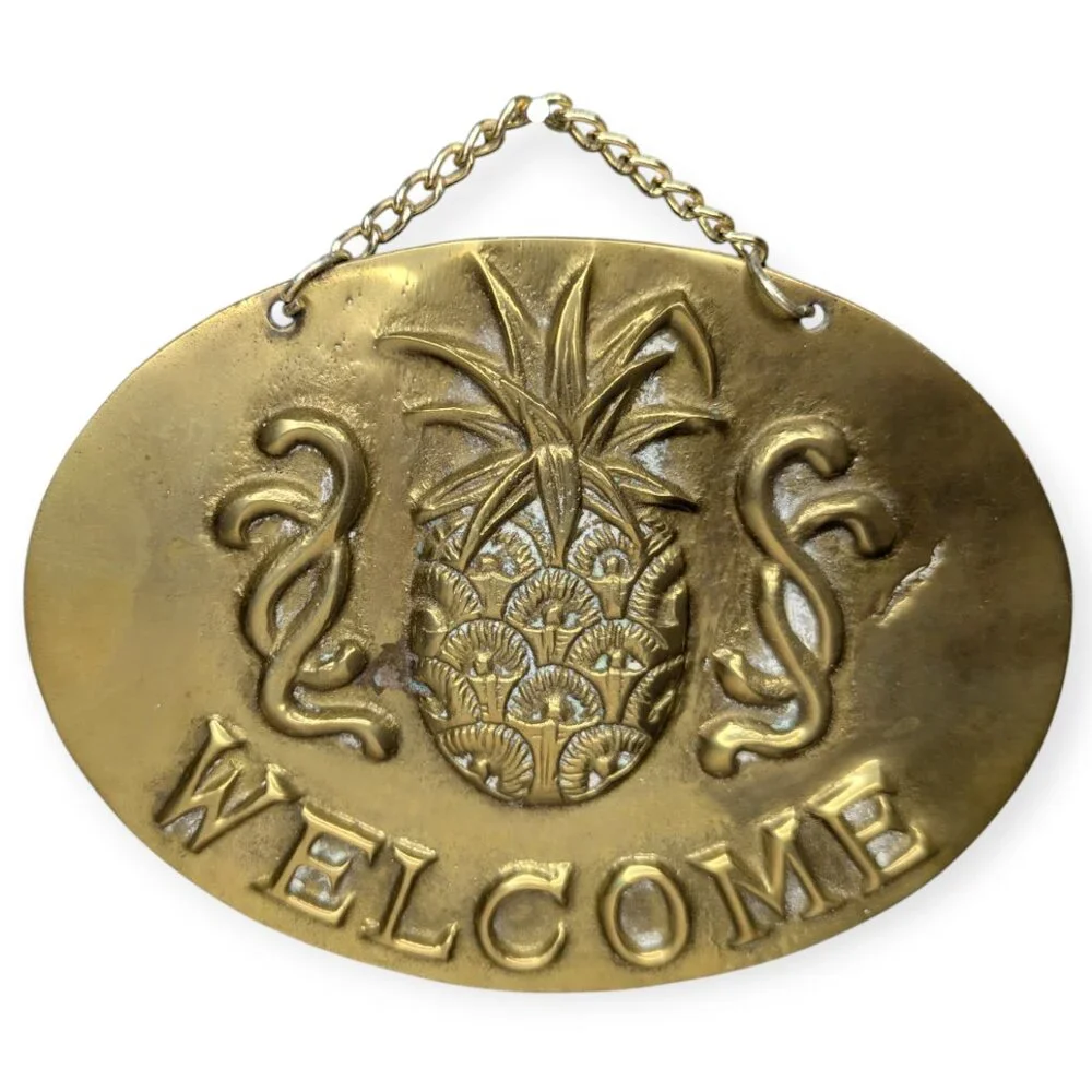 Vintage Oval Welcome Pineapple Brass Sign 5 1/2